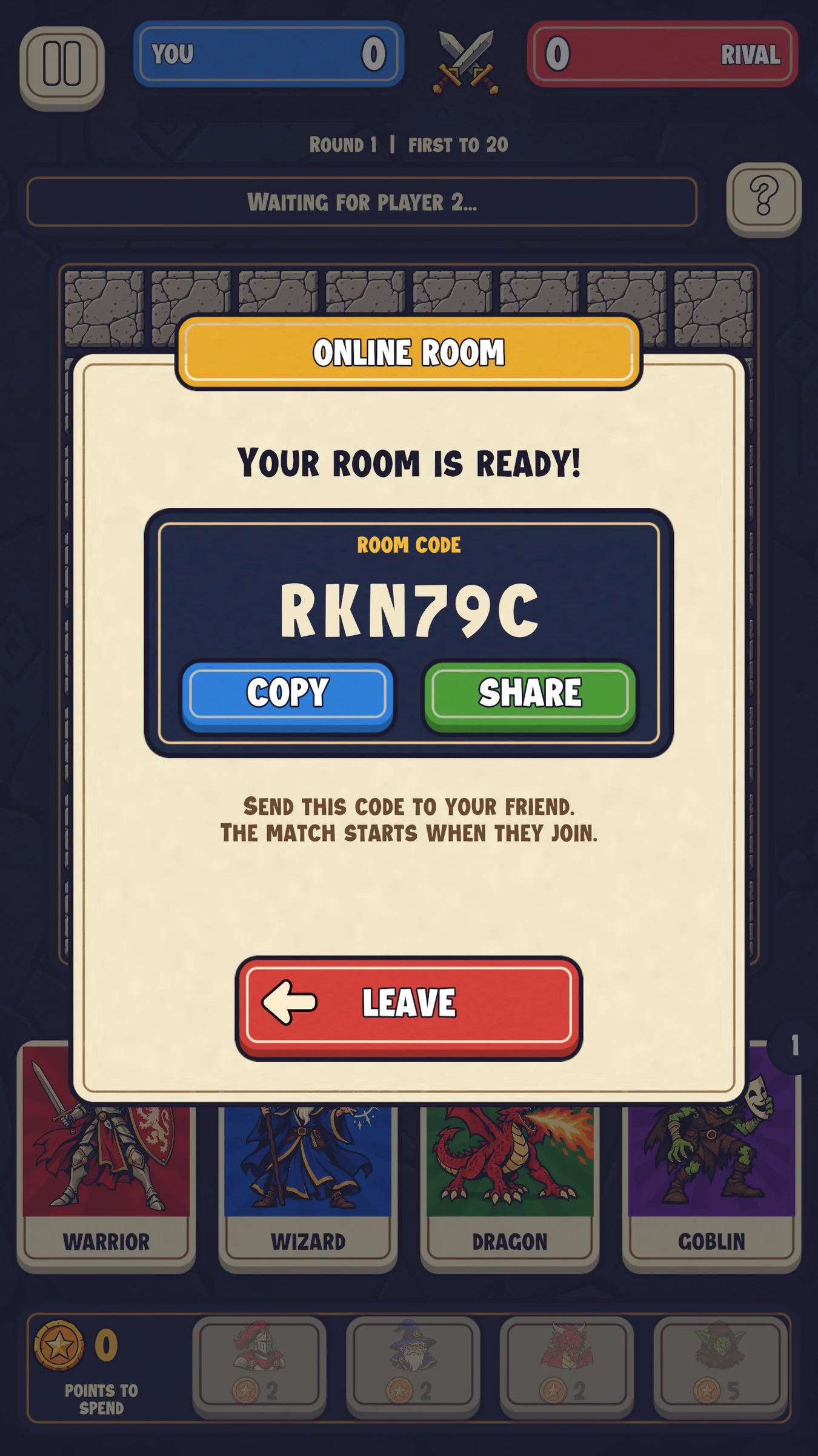 The online room, with its code to share.