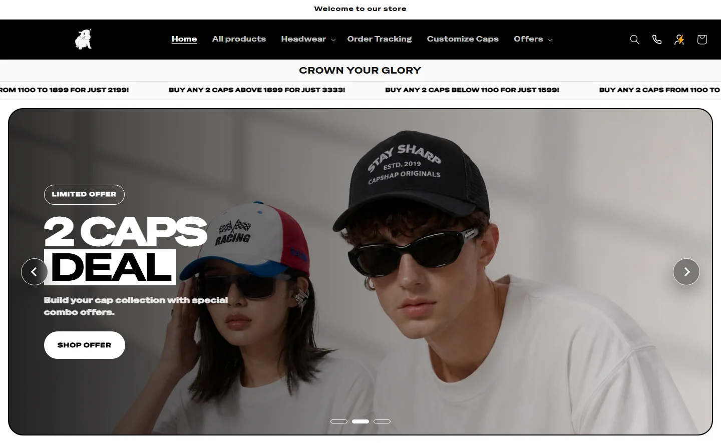 The home page on desktop, opening on the 2 Caps Deal, with the offers running along the top.