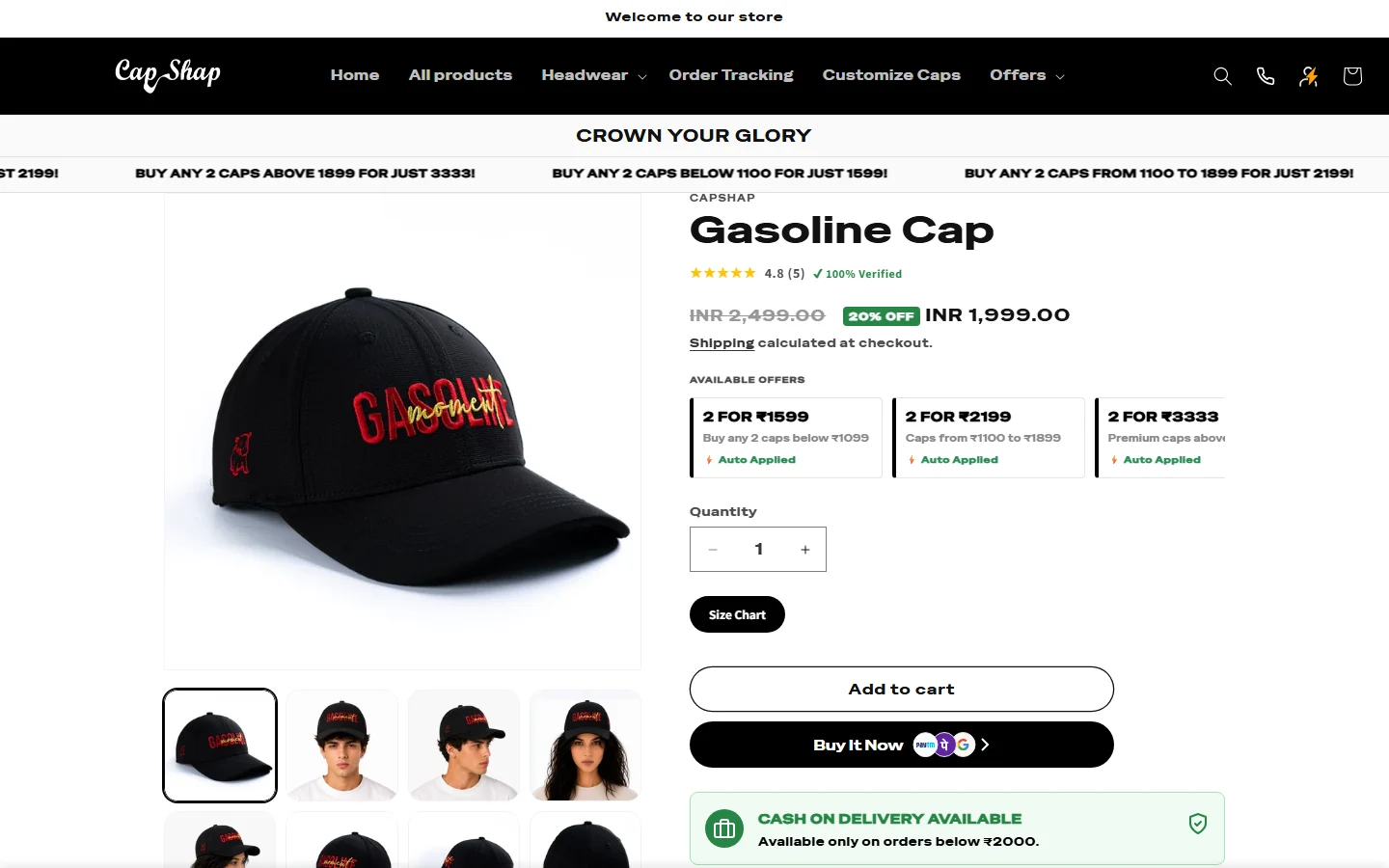 A product page: the price, the 2-for offers applied on their own, and cash on delivery shown before checkout.