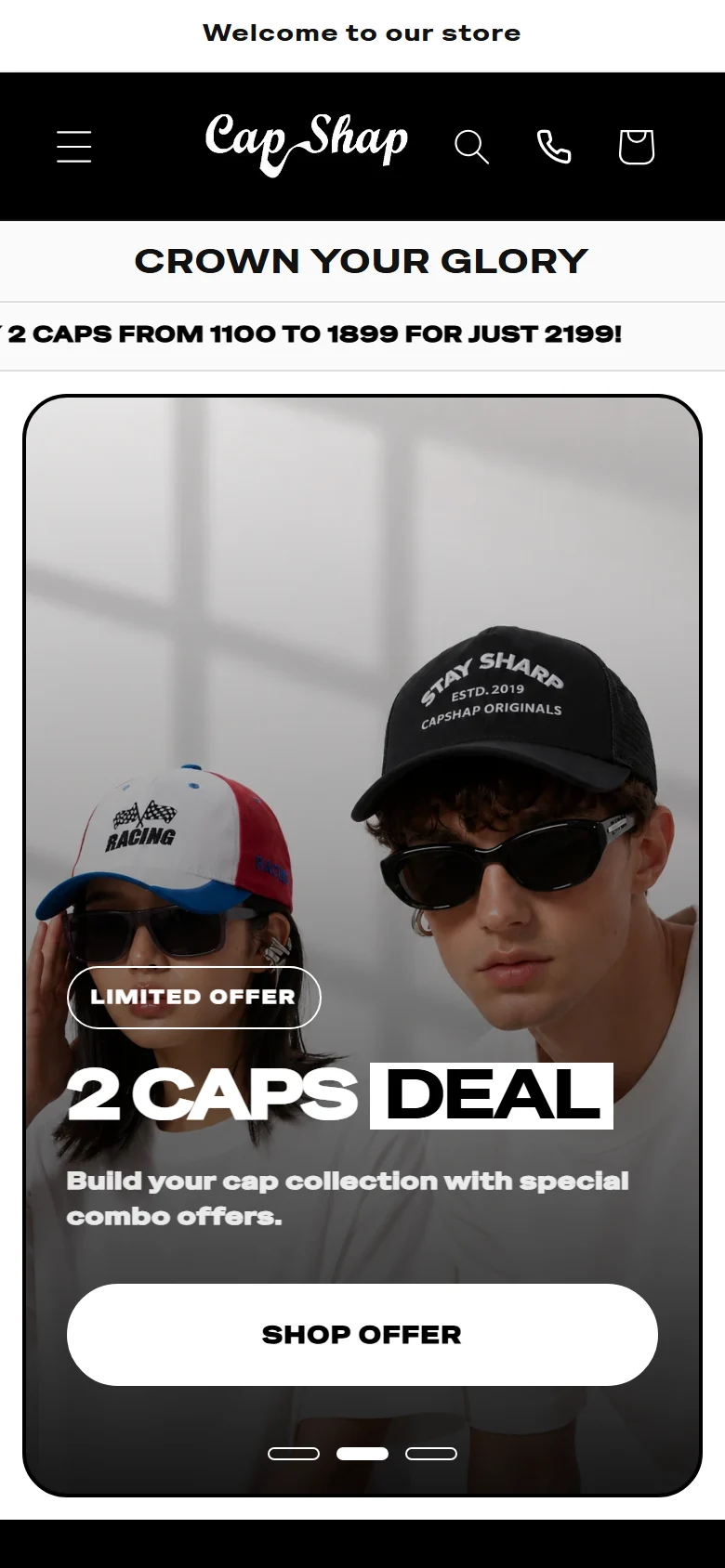 The home page, leading with the 2 Caps Deal.