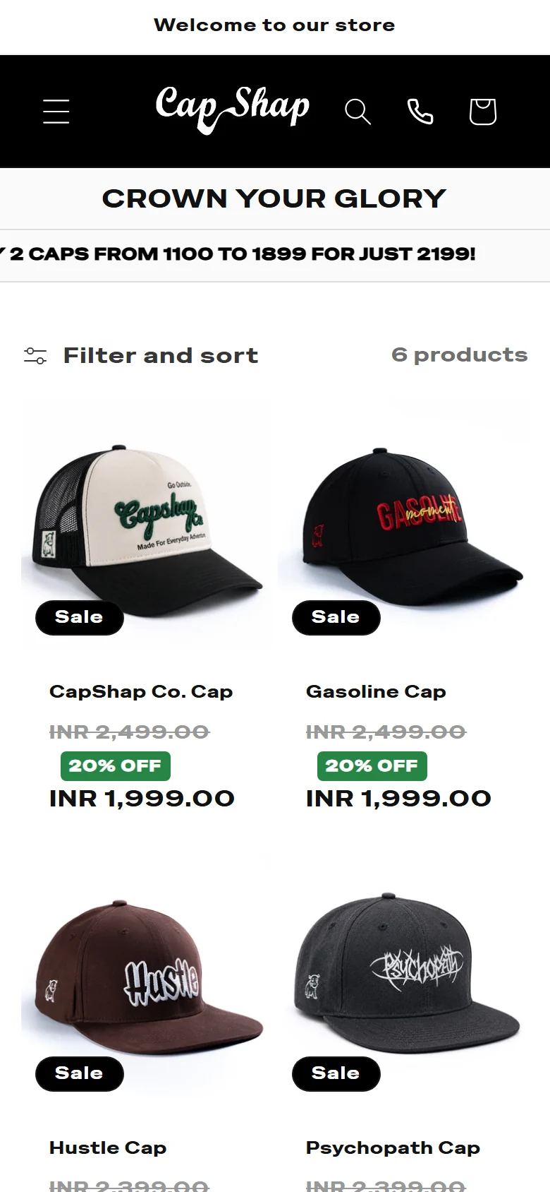 A collection page, with prices and sale tags.