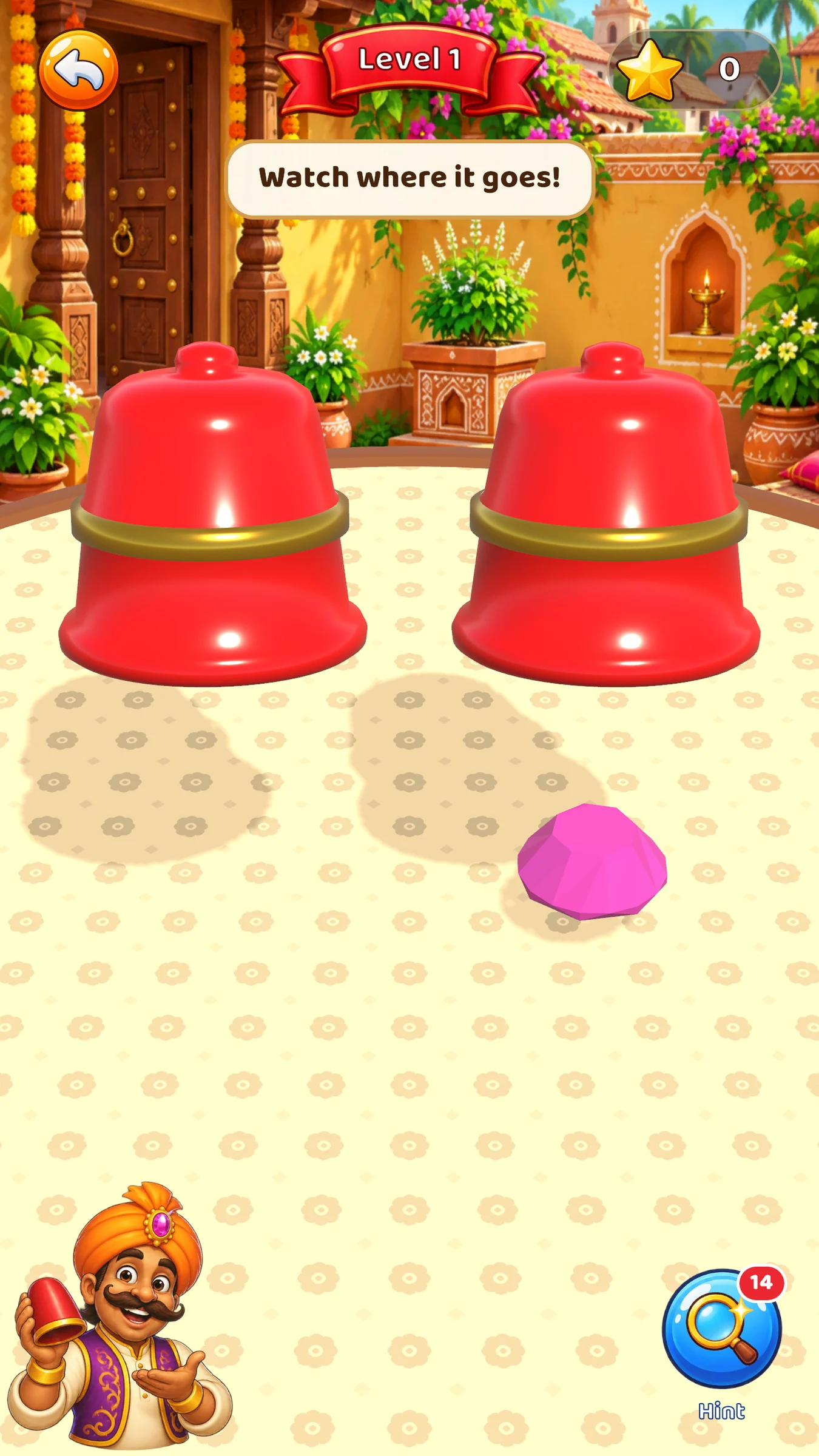 Level 1: the cups lift to show where the gem is.