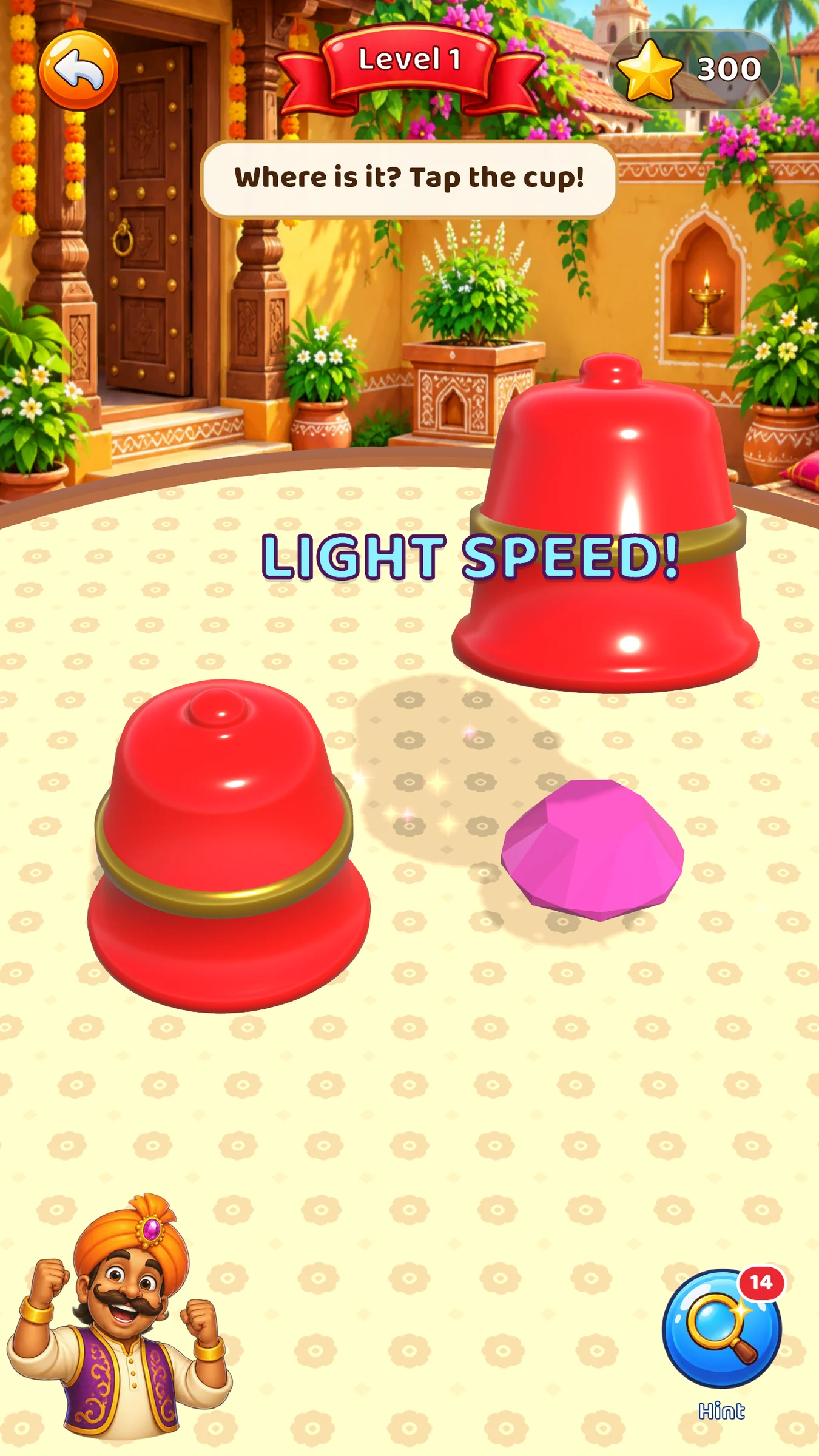 Tap the right cup fast enough and it says "Light speed!".