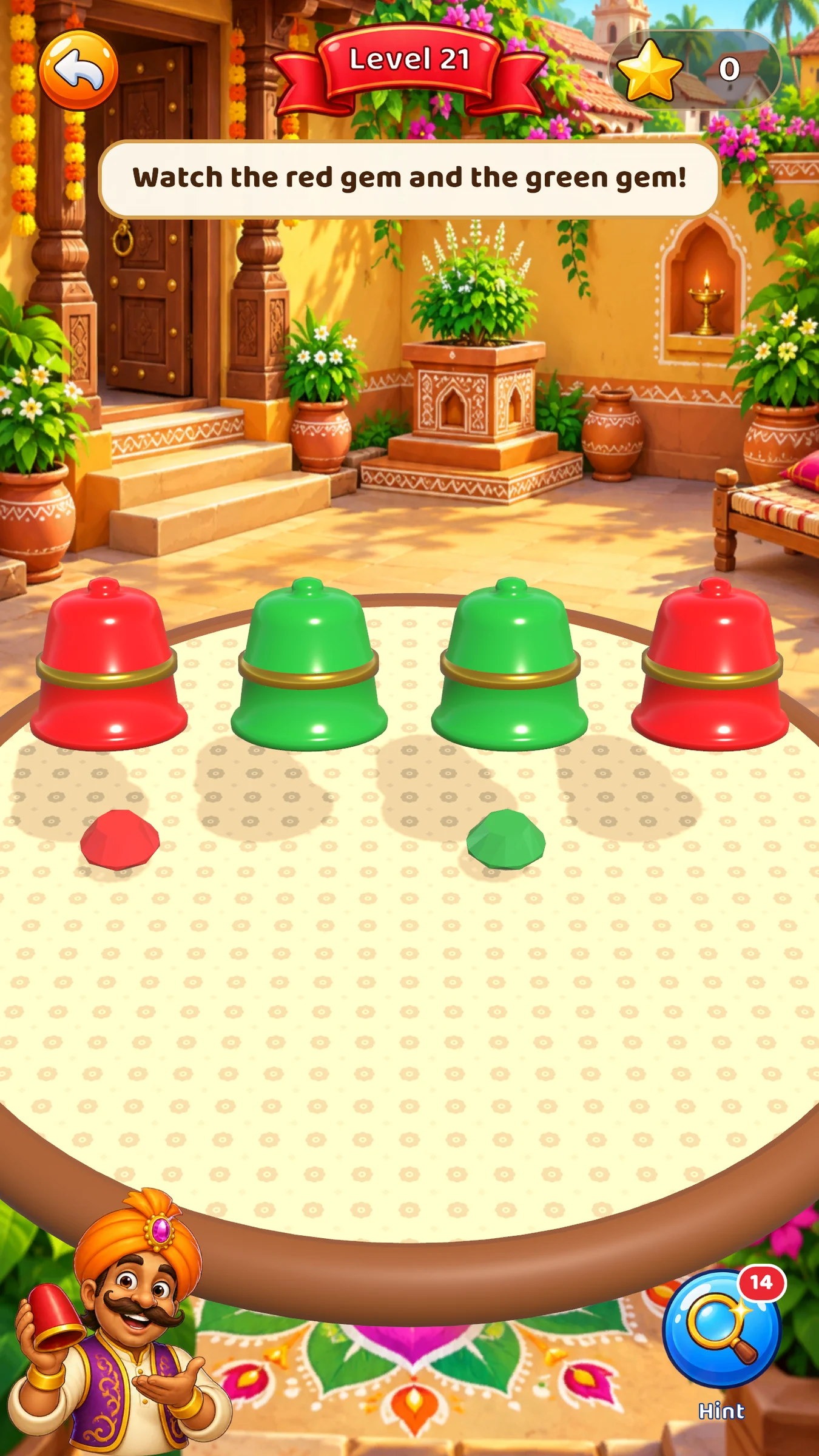 Level 21: a red and a green gem, one under each colour group.