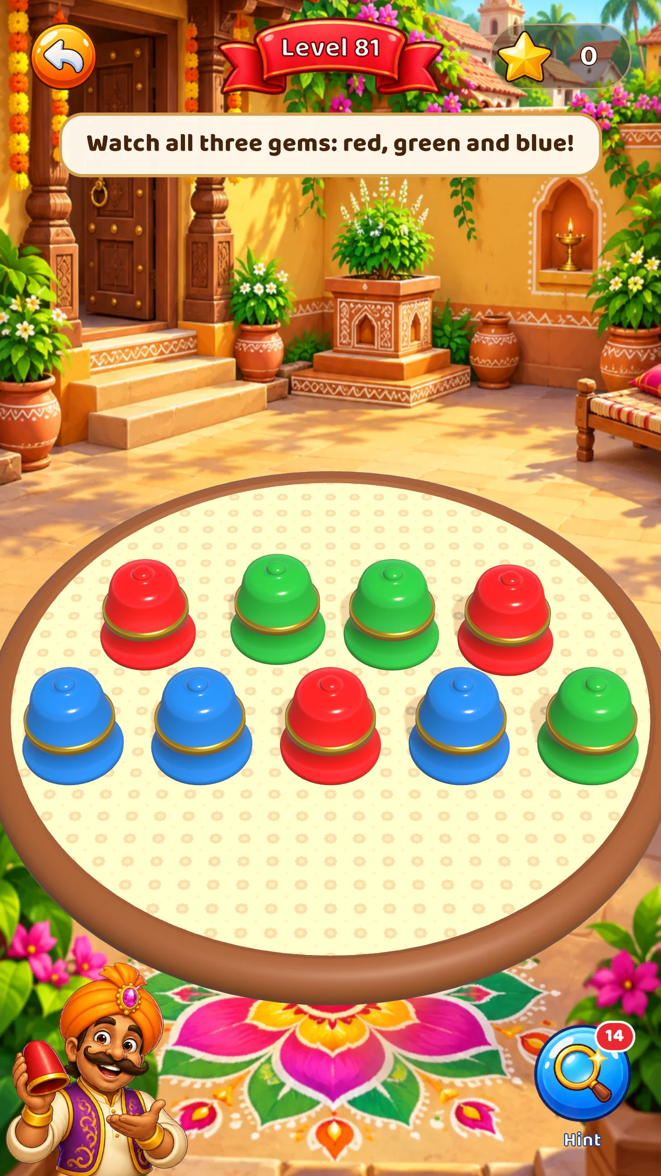 Level 81: nine cups in three colours, in two rows.