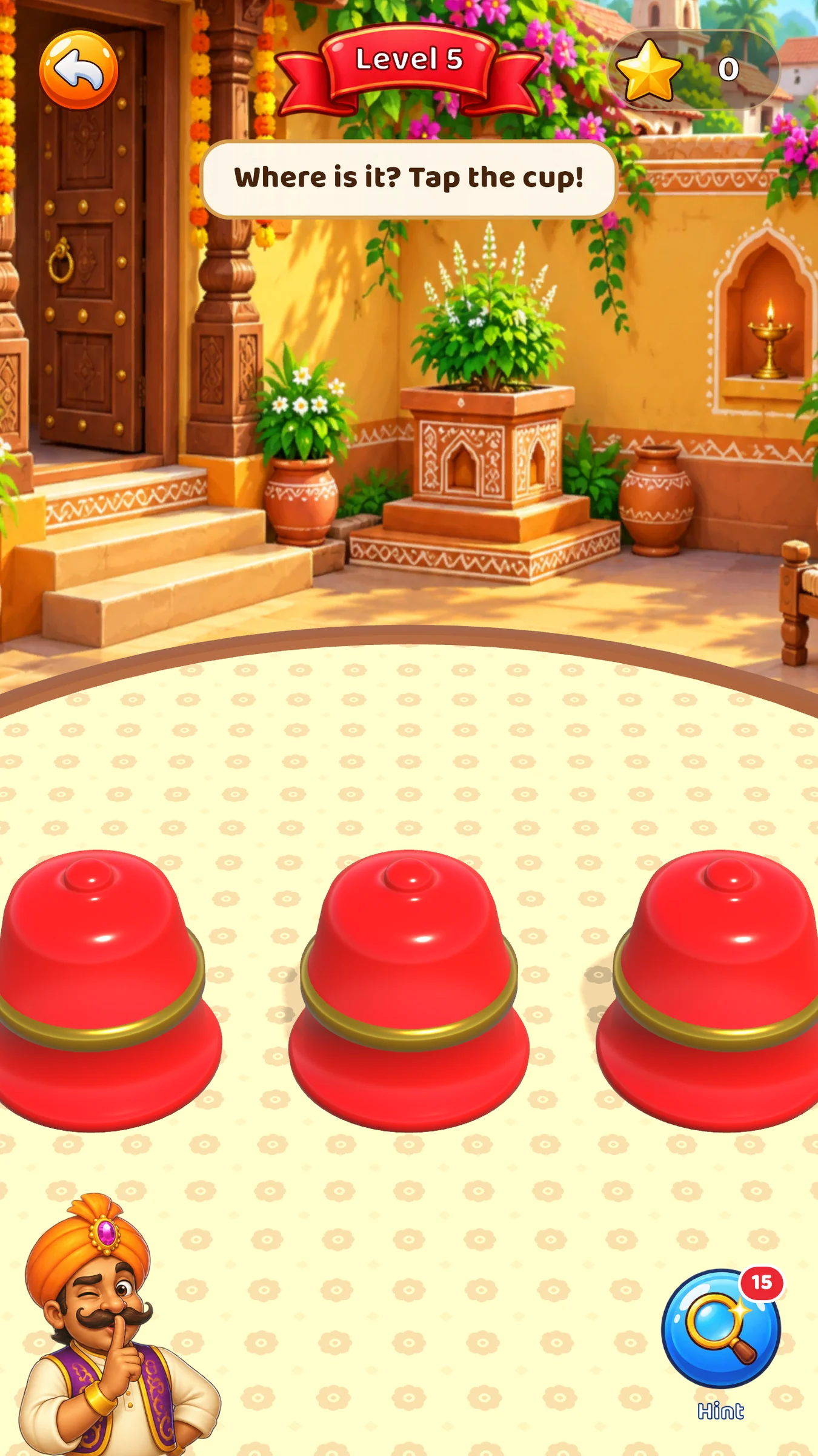 The cups up close: glossy shapes with a gold band, in the courtyard.