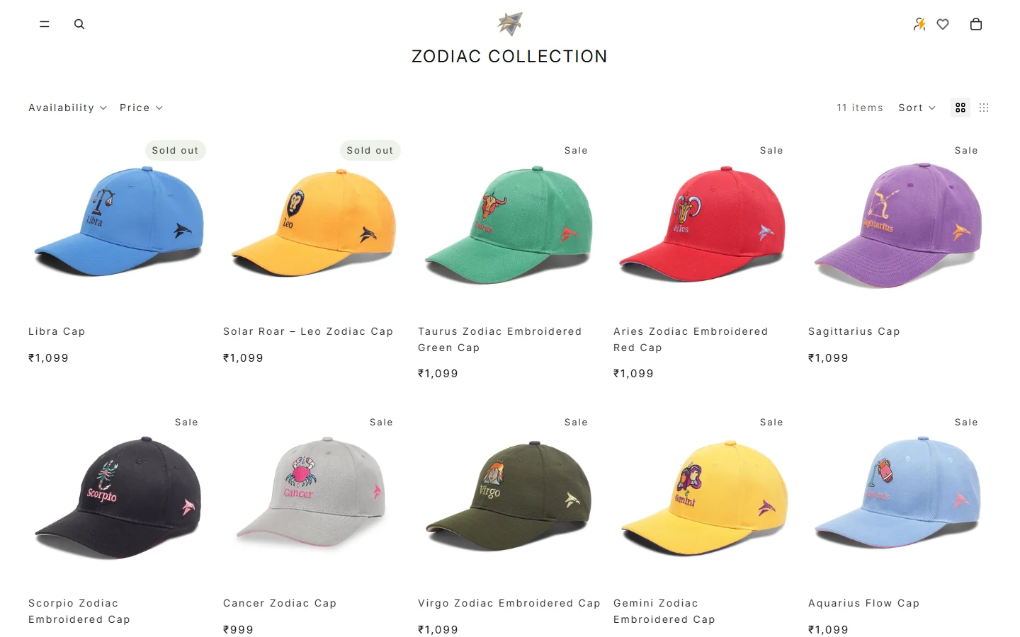 The Zodiac collection page on desktop.