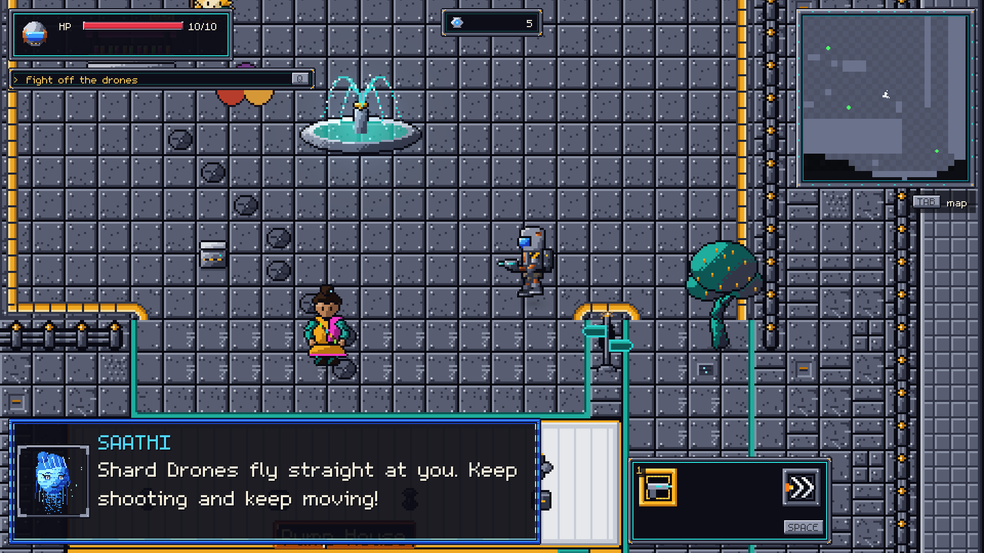 SAATHI teaches the player to fight the Shard Drones in the market.