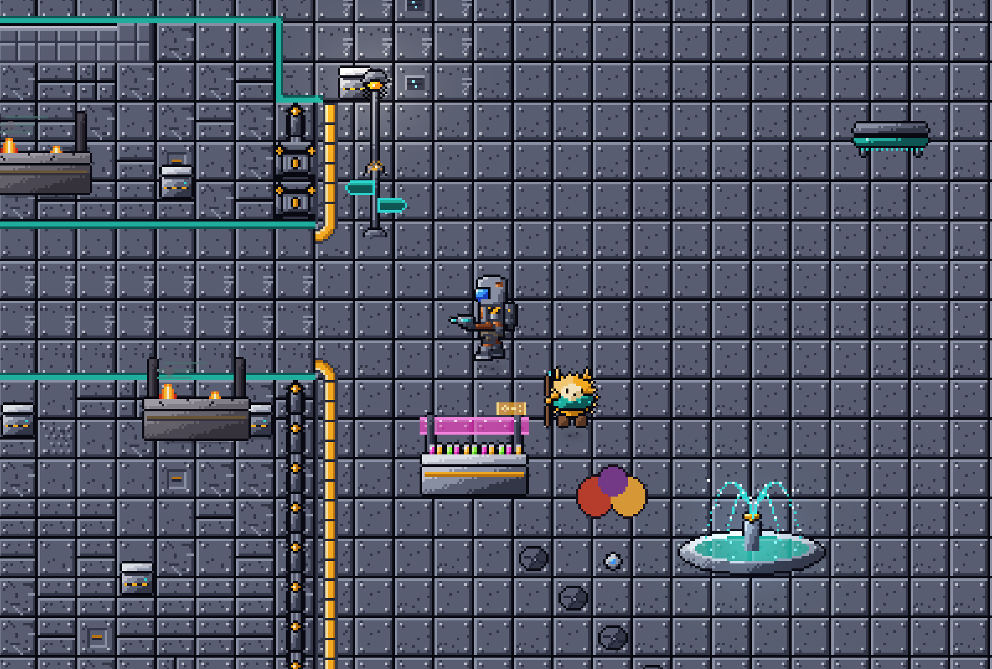 Kora's holo-fountain plaza before the attack.