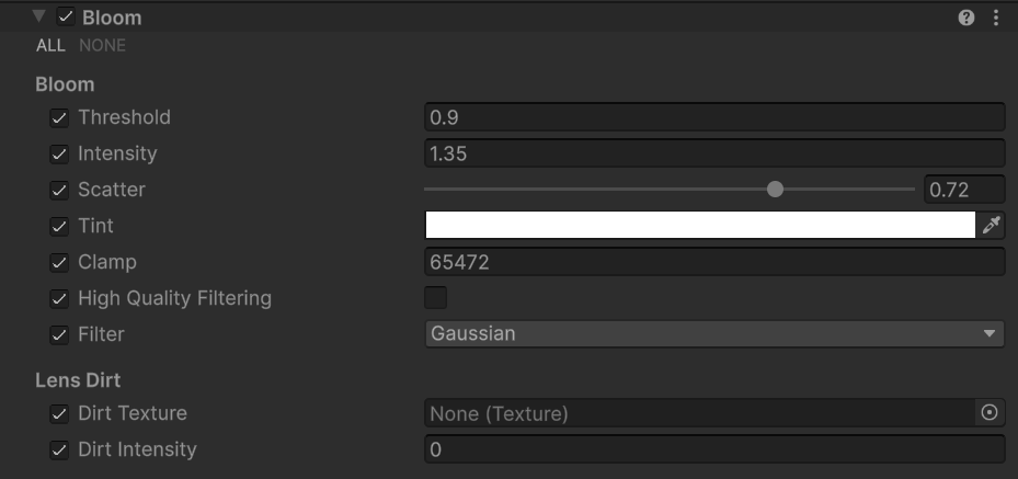 Bloom threshold 0.9, intensity 1.35: this is what makes the lines glow.