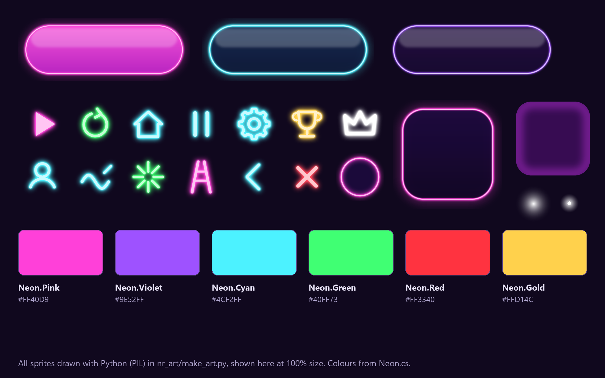 Every button, icon and sprite at full size, drawn in code.
