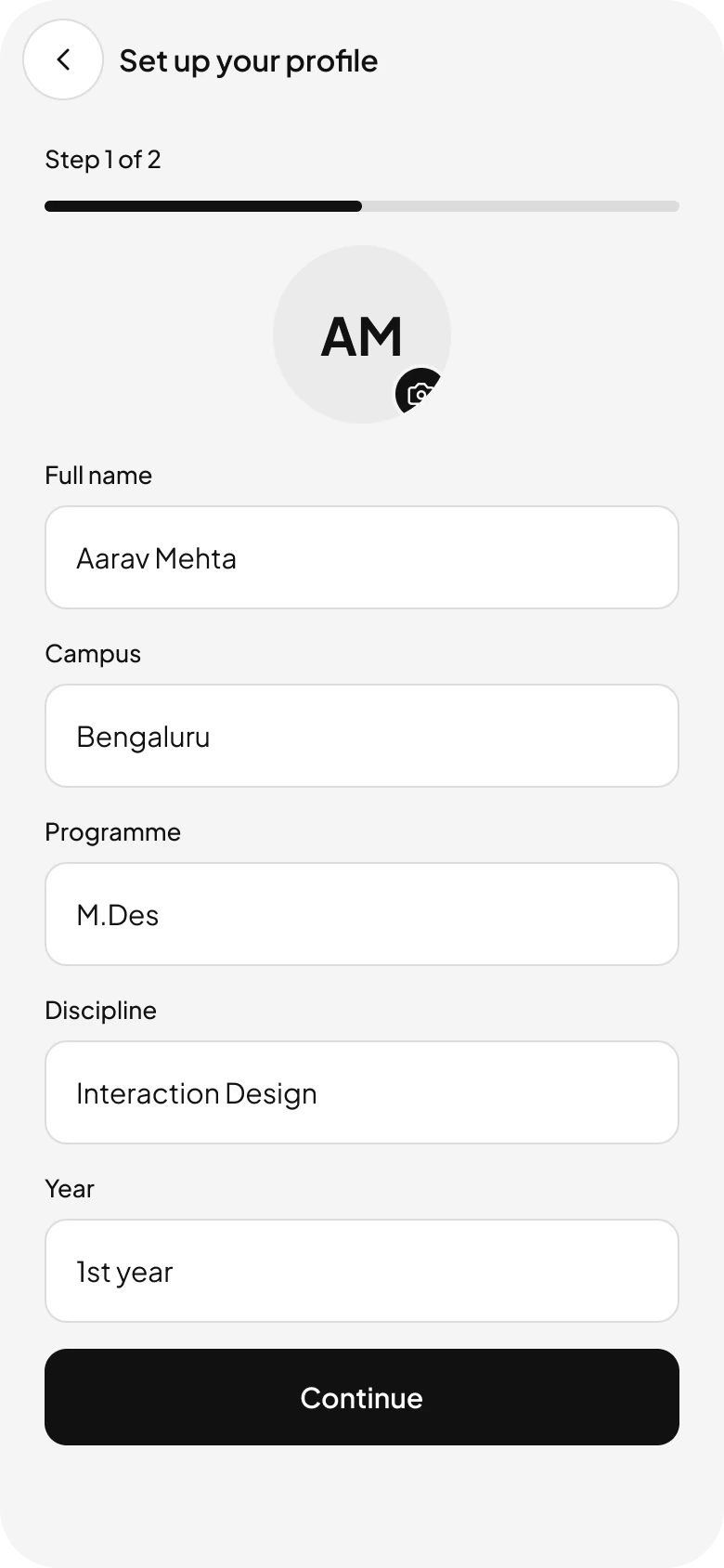 Profile setup: campus, programme, discipline and year.