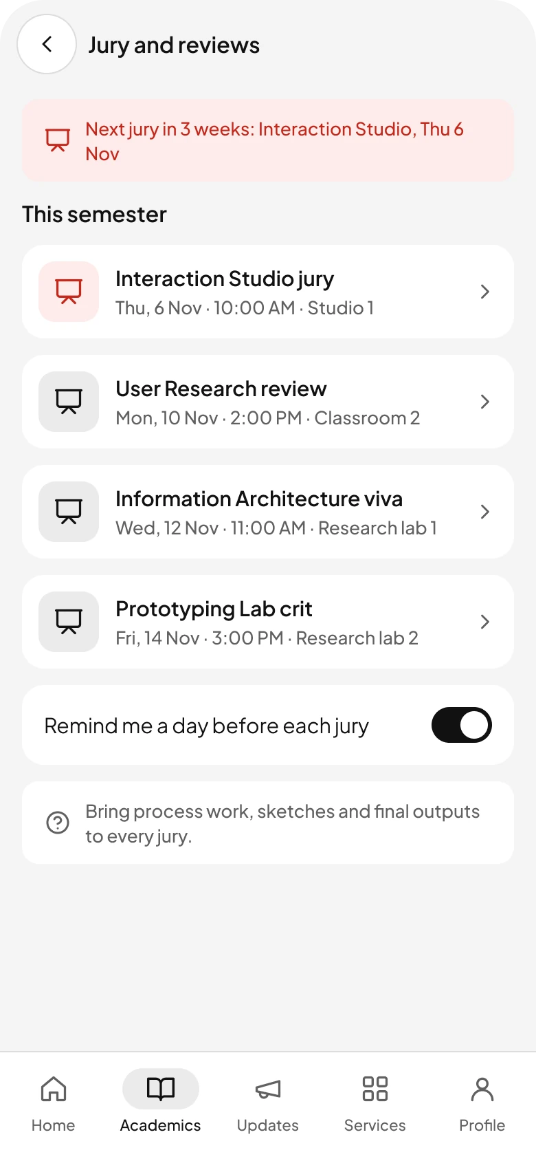Jury and review schedule.