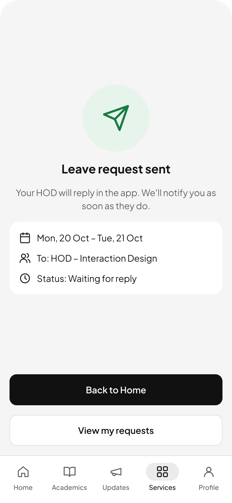 Leave sent, with its status.