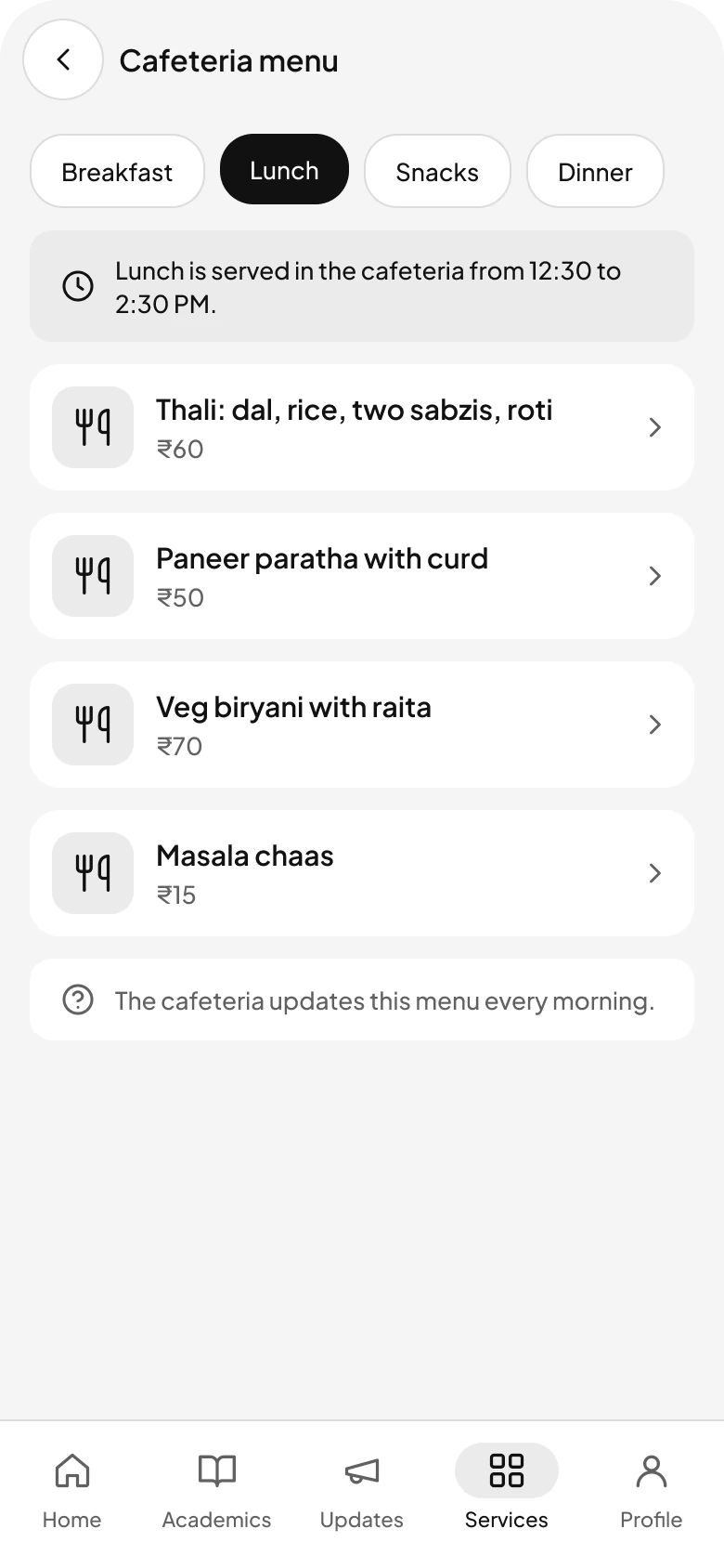 Cafeteria menu.