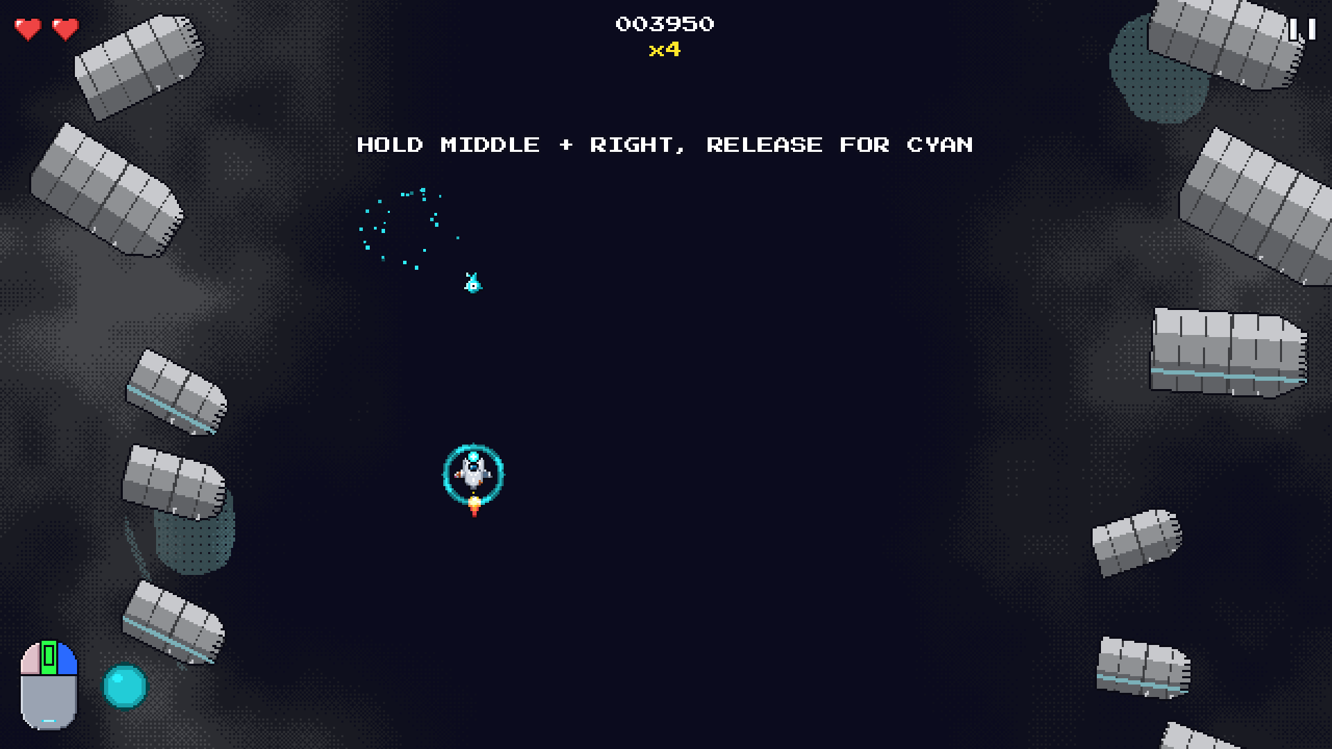 Hold middle and right, release for cyan.