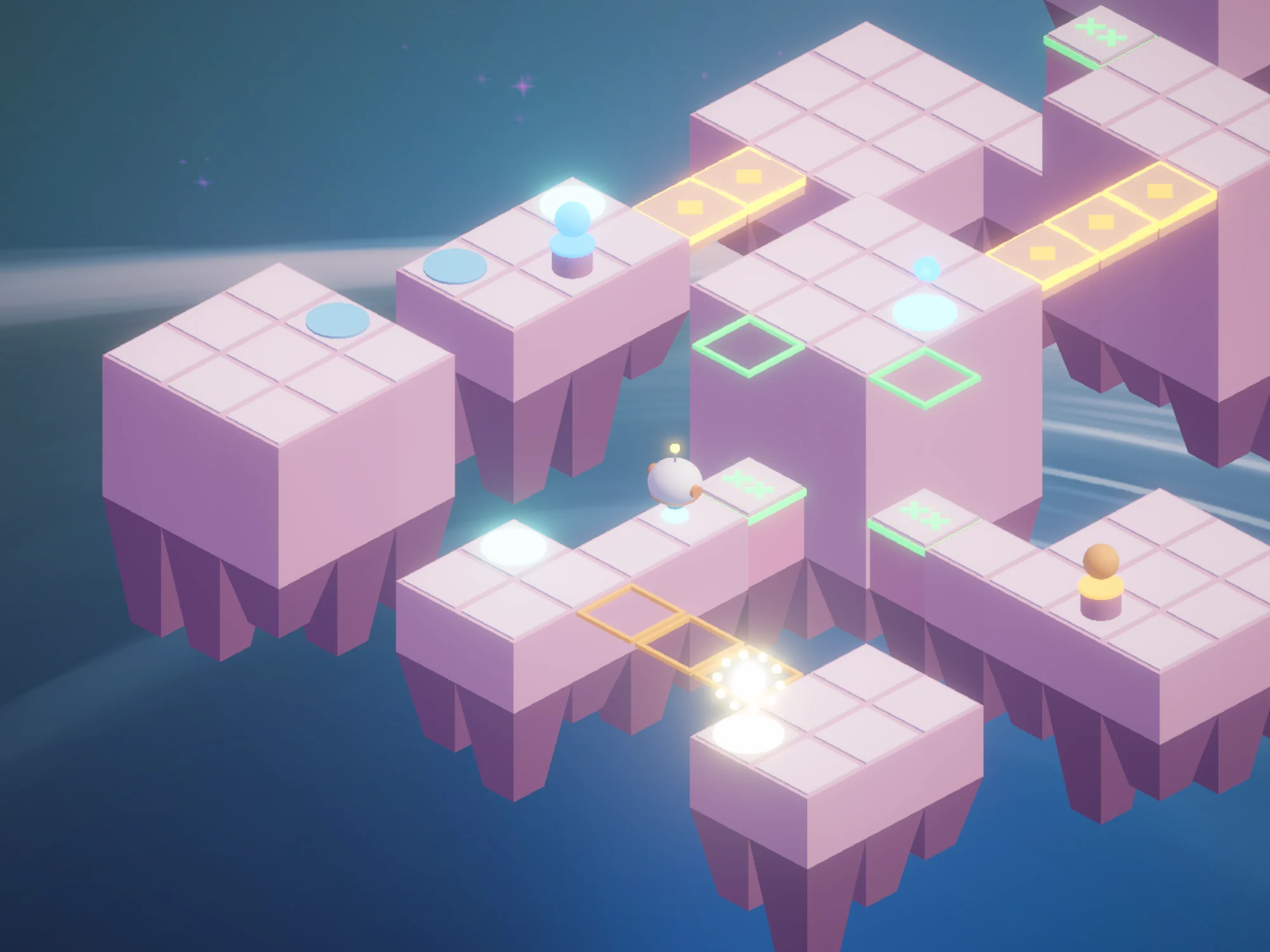 Level 45: a pink island maze with lift outlines in green.