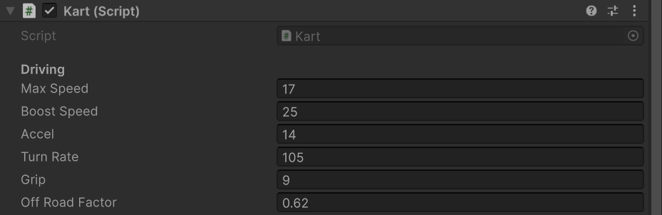 Kart driving values: top speed 17, boost 25, grip 9. They set how every wagon feels.