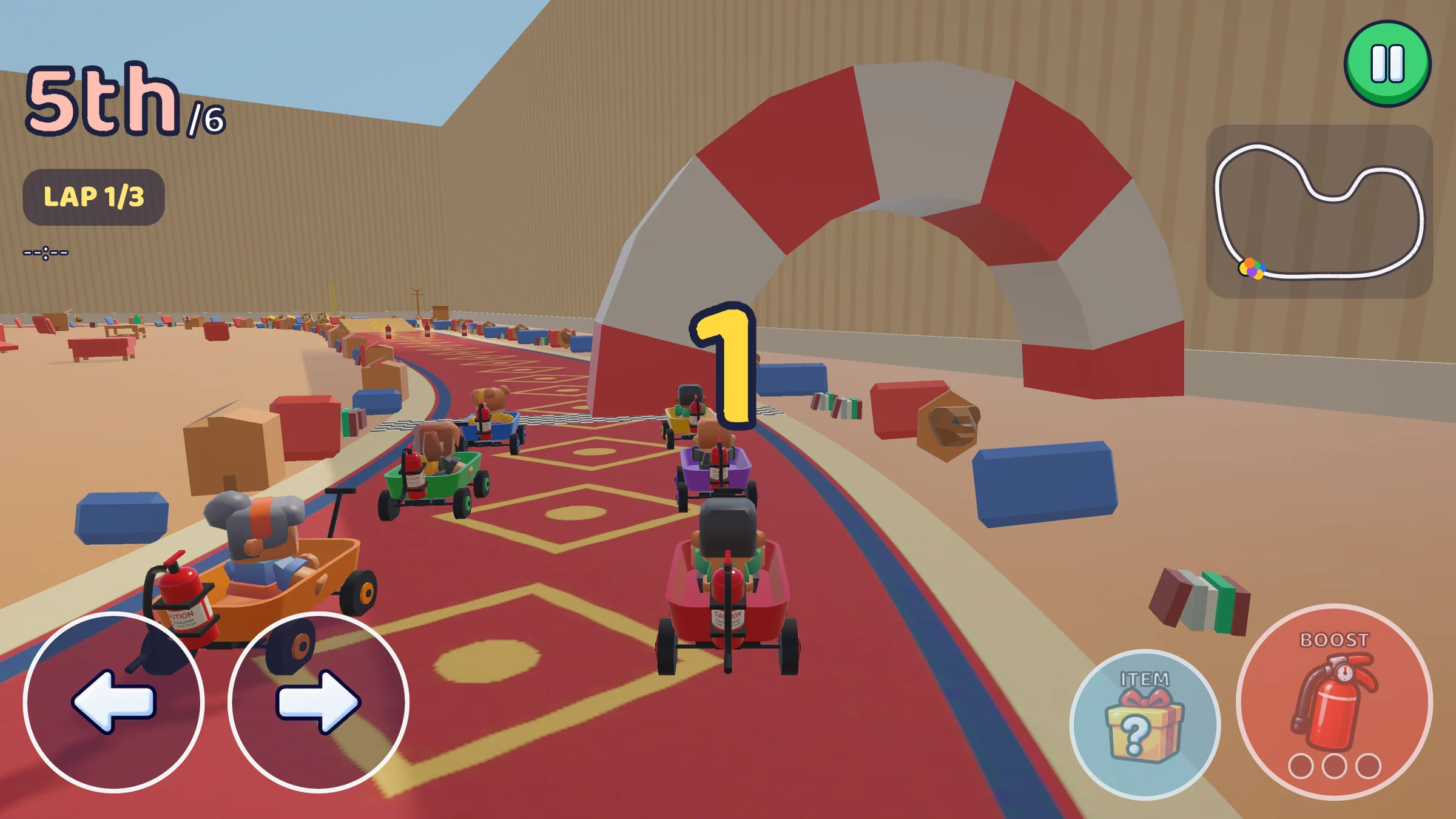 Before (recreated): the start arch stood off to one side of the track.
