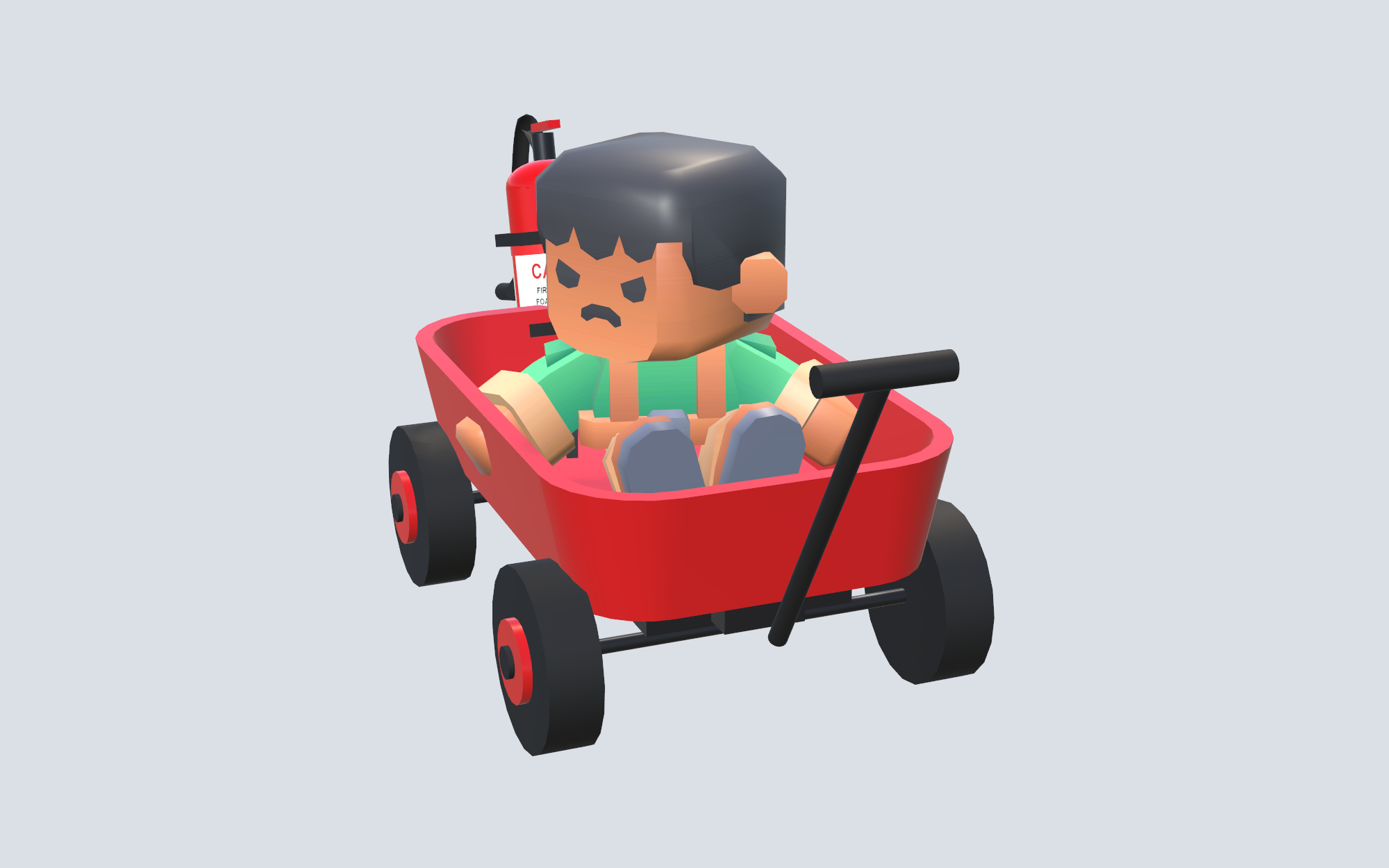 The red wagon and extinguisher, built in code from my reference photos.