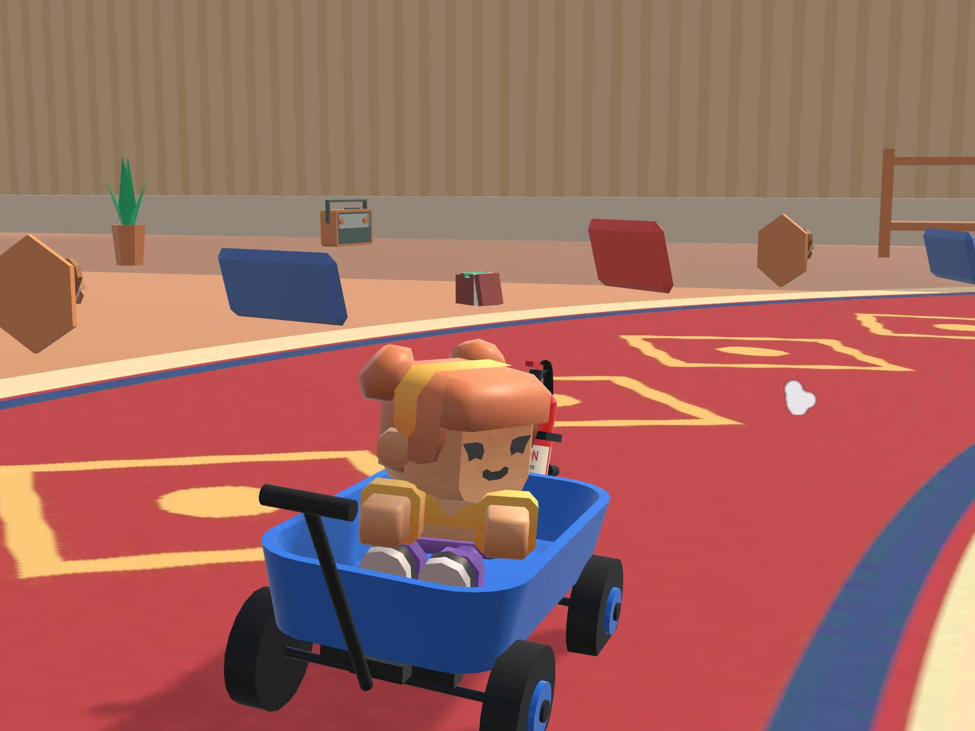 Meera in the blue wagon, taking a bend on Sofa Speedway.