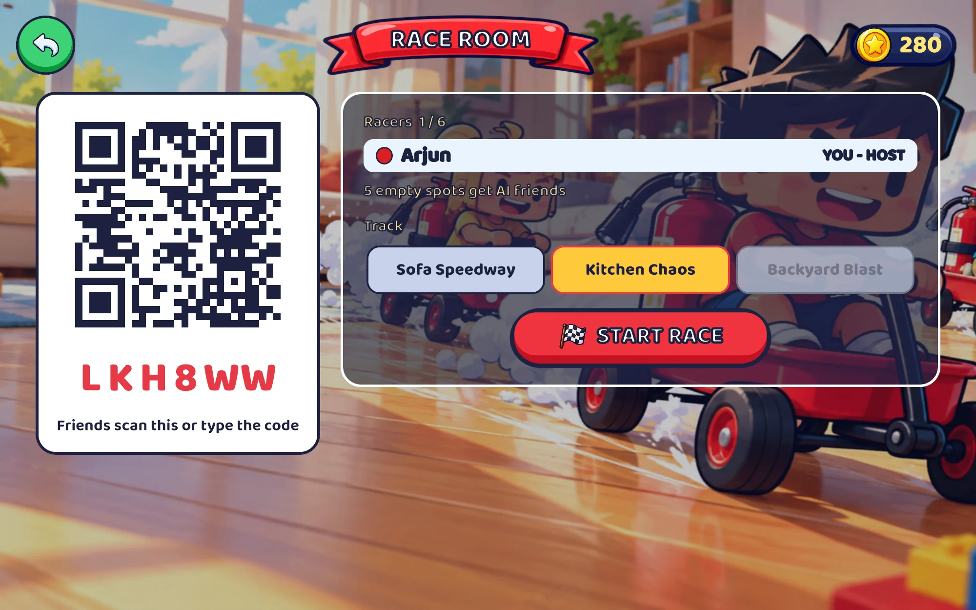 The race room: friends scan the QR code or type the code, and empty spots get bots. (The menu art was made with an AI image tool.)