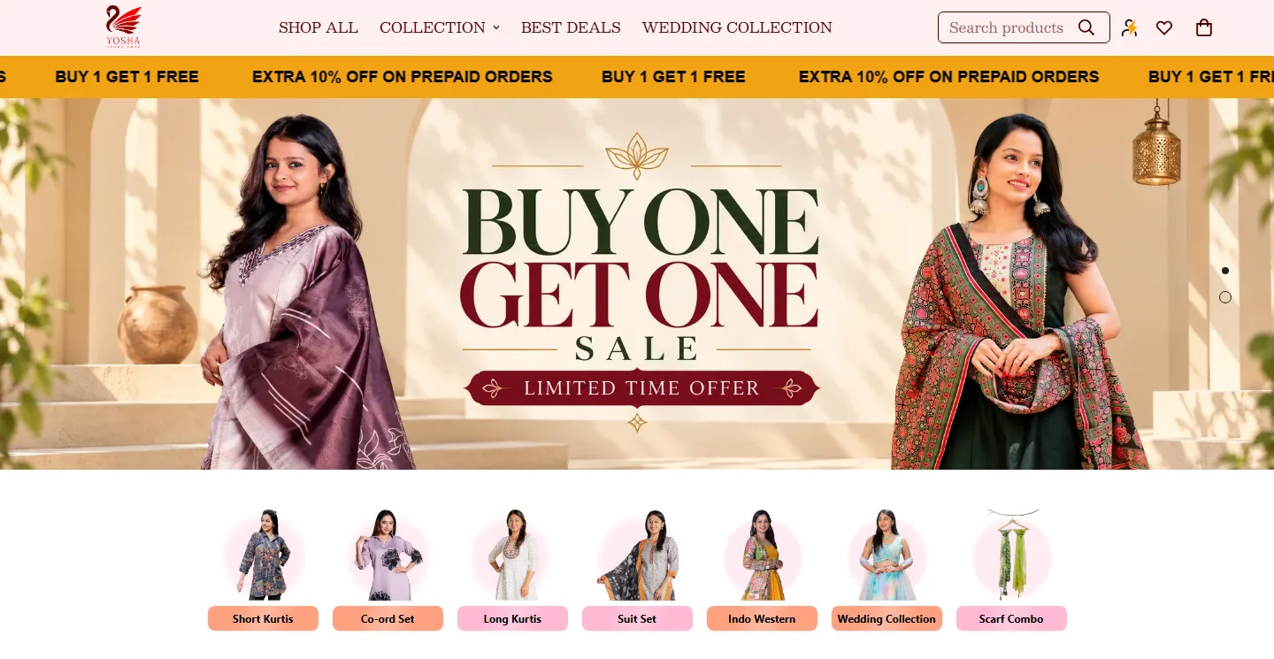 The home page on desktop, opening on the Buy One Get One sale, with the offers running along the top and the categories below.