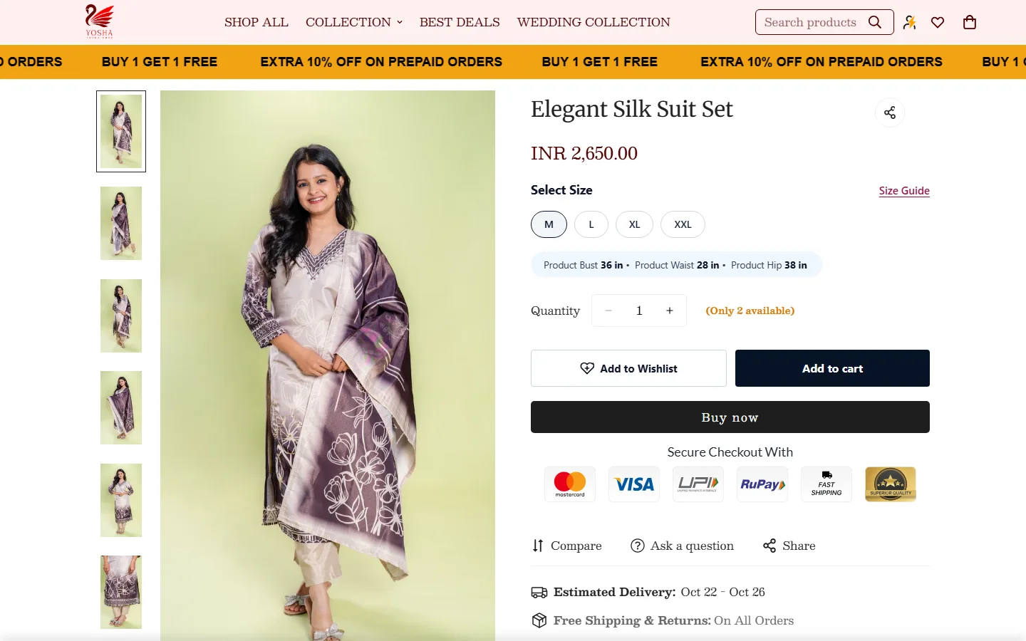 A product page: sizes with the garment's measurements, a size guide, Add to cart and Buy now.