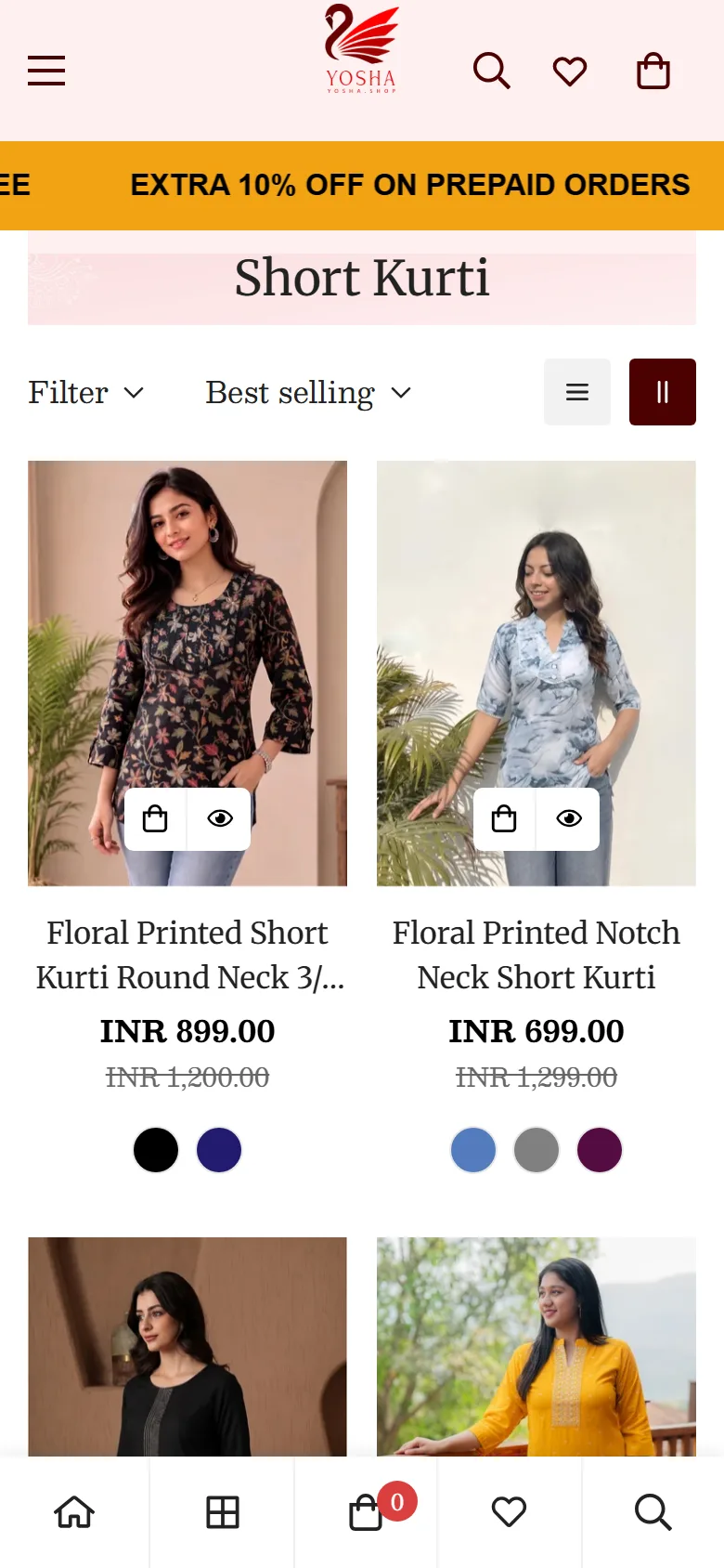A collection page, with sale prices and the colours each kurti comes in.