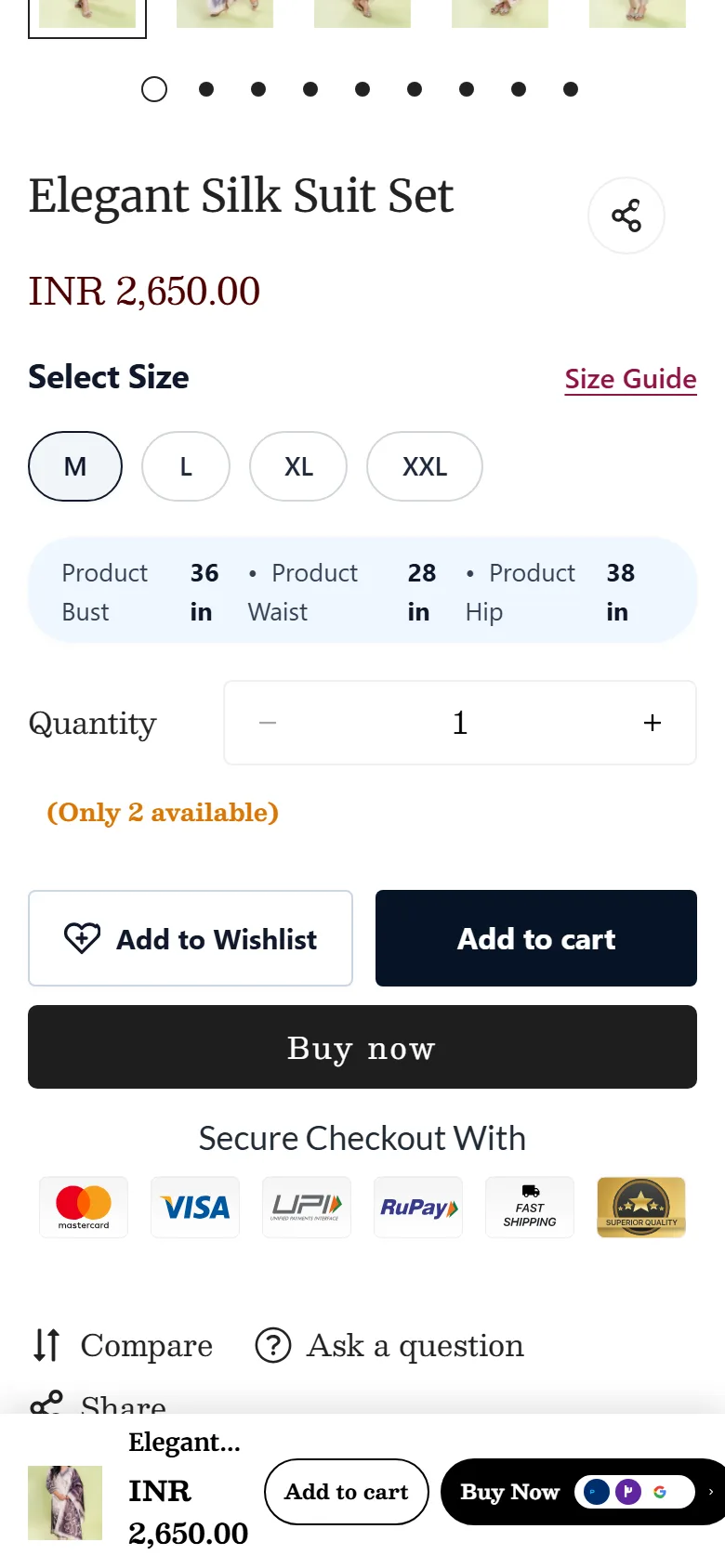 A product page: size, measurements, and a buy bar that stays on screen.